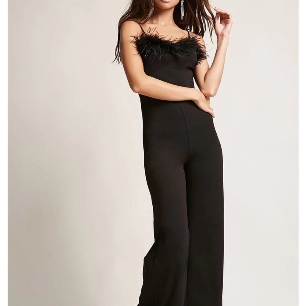 Faux feather jumpsuit.